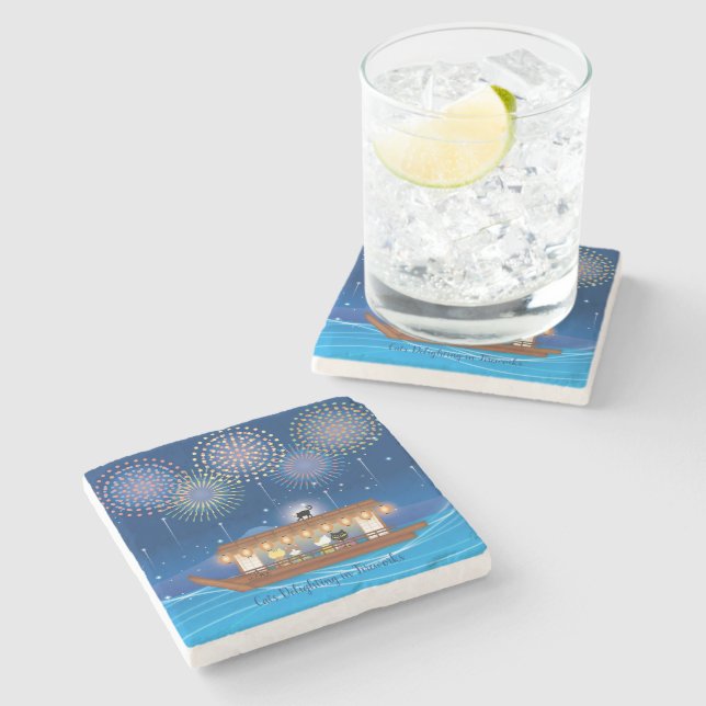 Cats Delighting in Fireworks Aboard a Houseboat Stone Coaster (Side)
