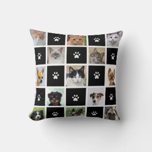 Cats & Dogs Custom Photos & Paw Pattern on Black Cushion
