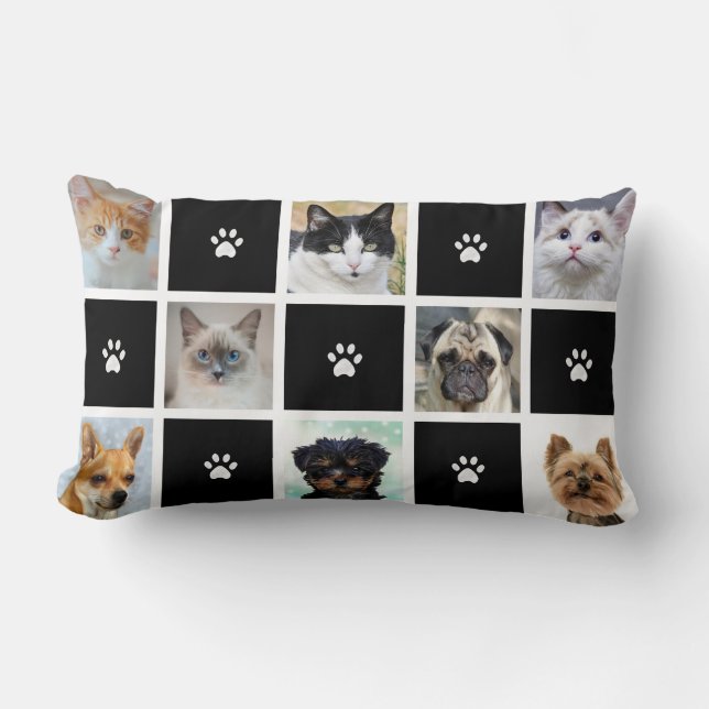 Cats & Dogs Custom Photos & Paw Pattern on Black Lumbar Cushion (Front)