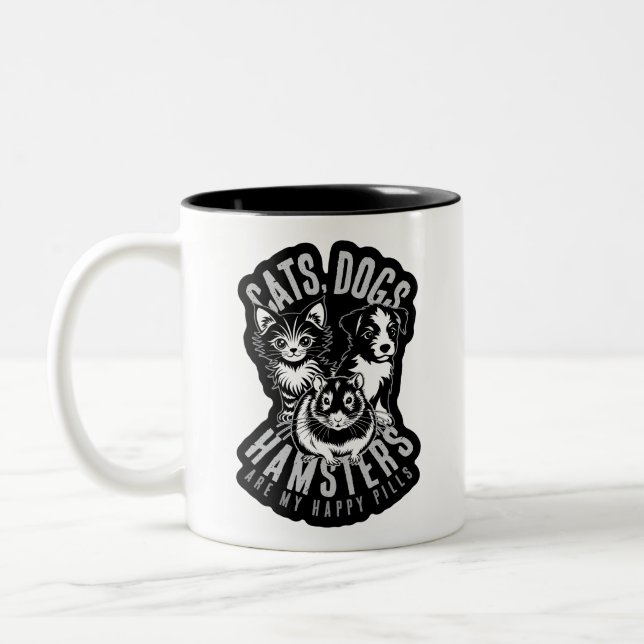 CATS DOGS HAMSTERS HAPPY PILLS PETS LOVE Two-Tone COFFEE MUG (Left)