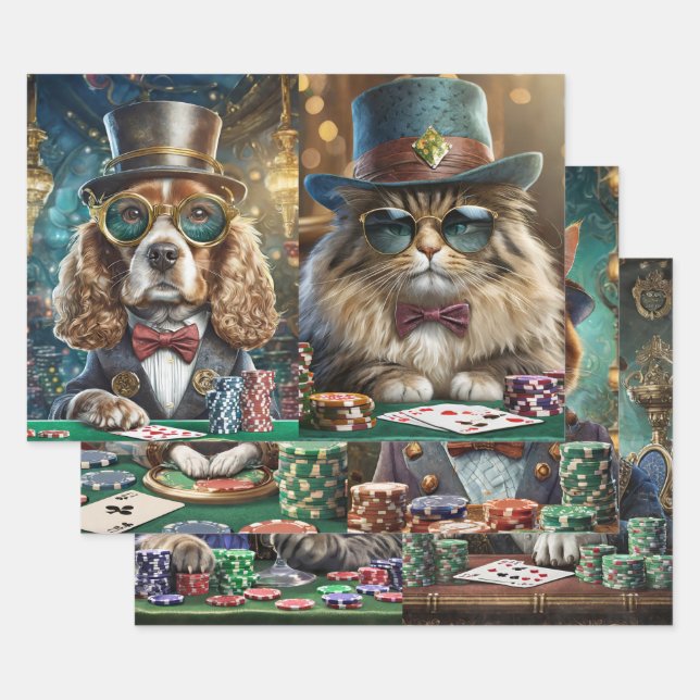 Cats & Dogs Playing Poker, Saloon Wrapping Paper Sheet (Set)