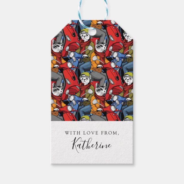 Cats & Dogs Scooter Pattern | Add Your Name Gift Tags (Front)