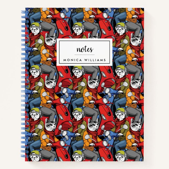 Cats & Dogs Scooter Pattern | Add Your Name Notebook (Front)