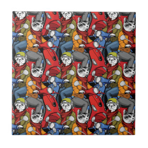 Cats & Dogs Scooter Pattern Ceramic Tile