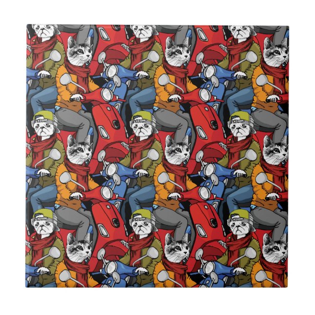 Cats & Dogs Scooter Pattern Ceramic Tile (Front)