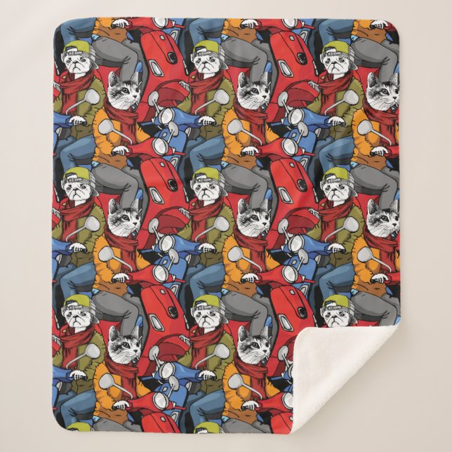 Cats & Dogs Scooter Pattern Sherpa Blanket (Front)