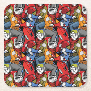 Cats & Dogs Scooter Pattern Square Paper Coaster