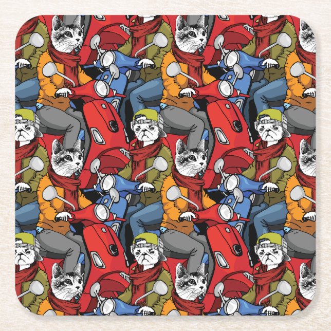 Cats & Dogs Scooter Pattern Square Paper Coaster (Front)