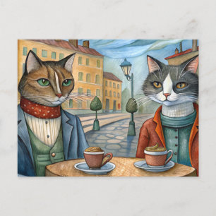 Cats dressed up eating in a café holiday postcard