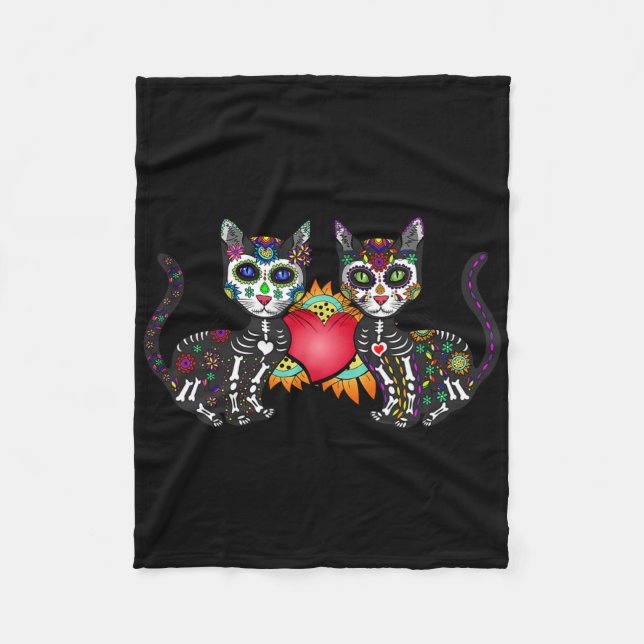 Cats Duo Cute Cats Mexican Sugar Skull  Fleece Blanket (Front)