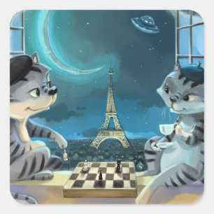 Cats Eiffel Tower - Night Classic Square Stickers