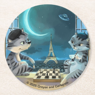 Cats Eiffel Tower -Night Round Paper Coasters (6)