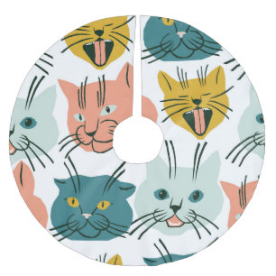 Cats Faces Funny Vintage Pattern. Brushed Polyester Tree Skirt