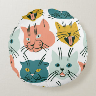 Cats Faces Funny Vintage Pattern. Round Cushion