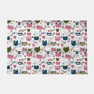 Cats faces muted warm green teal pink pattern doormat