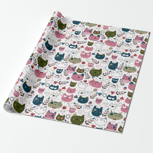 Cats faces muted warm green teal pink pattern wrapping paper (Unrolled)