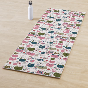 Cats faces muted warm green teal pink pattern yoga mat