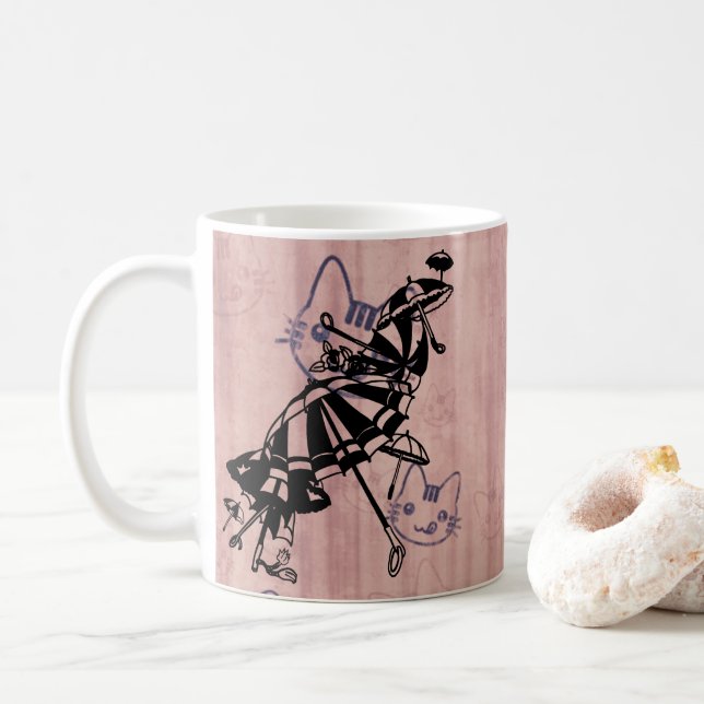 Cats Faces Parasols Umbrellas Ink art drawing Coffee Mug (With Donut)