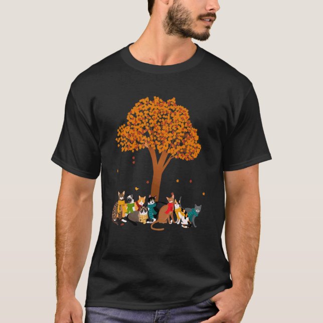 Cats Fall Autumn Leaf Tree   Season Fan Calendar E T-Shirt (Front)