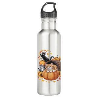 Cats Fall Autumn Pumpkins Thanksgiving Sunflower C 710 Ml Water Bottle