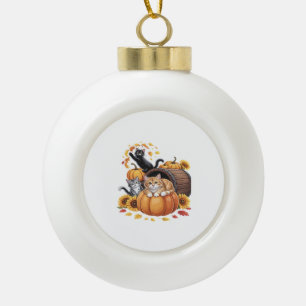 Cats Fall Autumn Pumpkins Thanksgiving Sunflower C Ceramic Ball Christmas Ornament
