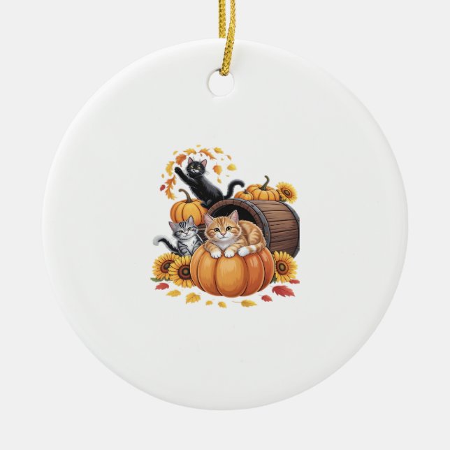Cats Fall Autumn Pumpkins Thanksgiving Sunflower C Ceramic Ornament (Front)