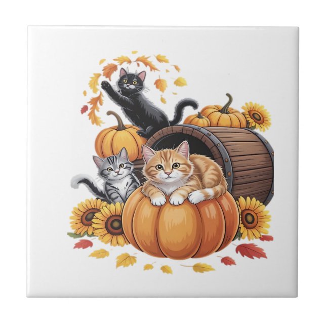 Cats Fall Autumn Pumpkins Thanksgiving Sunflower C Ceramic Tile (Front)