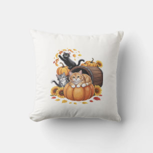 Cats Fall Autumn Pumpkins Thanksgiving Sunflower C Cushion