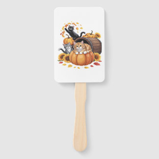Cats Fall Autumn Pumpkins Thanksgiving Sunflower C Hand Fan
