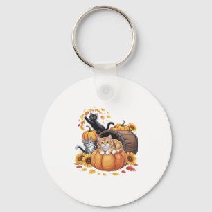 Cats Fall Autumn Pumpkins Thanksgiving Sunflower C Key Ring