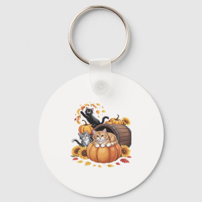 Cats Fall Autumn Pumpkins Thanksgiving Sunflower C Key Ring (Front)