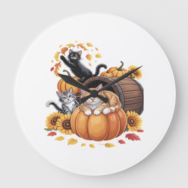 Cats Fall Autumn Pumpkins Thanksgiving Sunflower C Large Clock (Front)