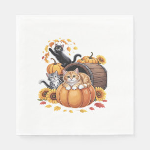 Cats Fall Autumn Pumpkins Thanksgiving Sunflower C Napkin