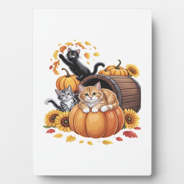 Cats Fall Autumn Pumpkins Thanksgiving Sunflower C Plaque (Front)