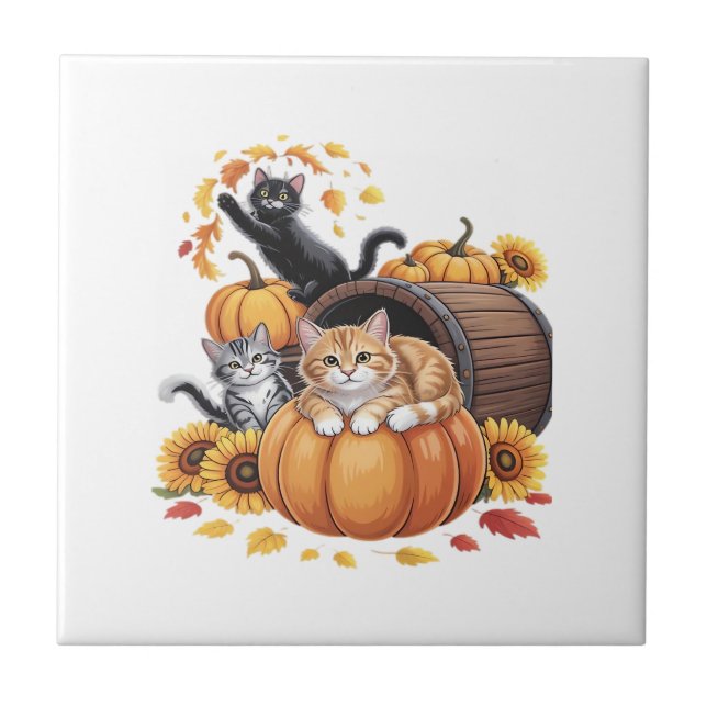 Cats Fall Autumn Pumpkins Thanksgiving Sunflower O Ceramic Tile (Front)