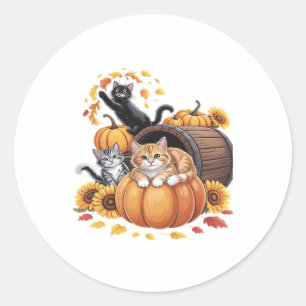 Cats Fall Autumn Pumpkins Thanksgiving Sunflower O Classic Round Sticker