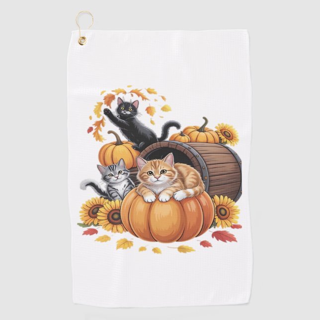 Cats Fall Autumn Pumpkins Thanksgiving Sunflower O Golf Towel (Front)