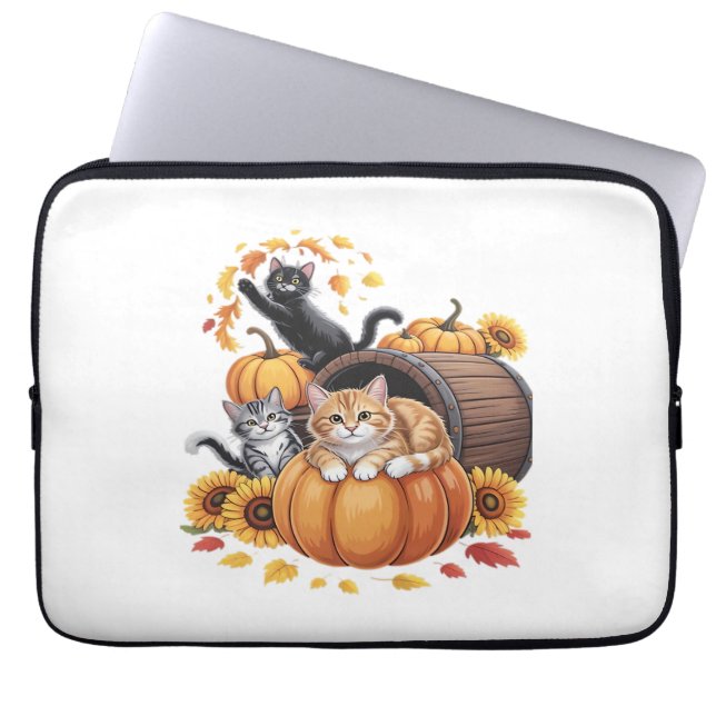 Cats Fall Autumn Pumpkins Thanksgiving Sunflower O Laptop Sleeve (Front)