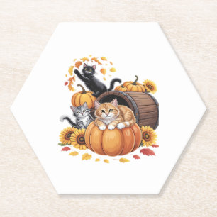Cats Fall Autumn Pumpkins Thanksgiving Sunflower O Paper Coaster