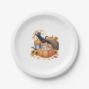 Cats Fall Autumn Pumpkins Thanksgiving Sunflower O Paper Plate