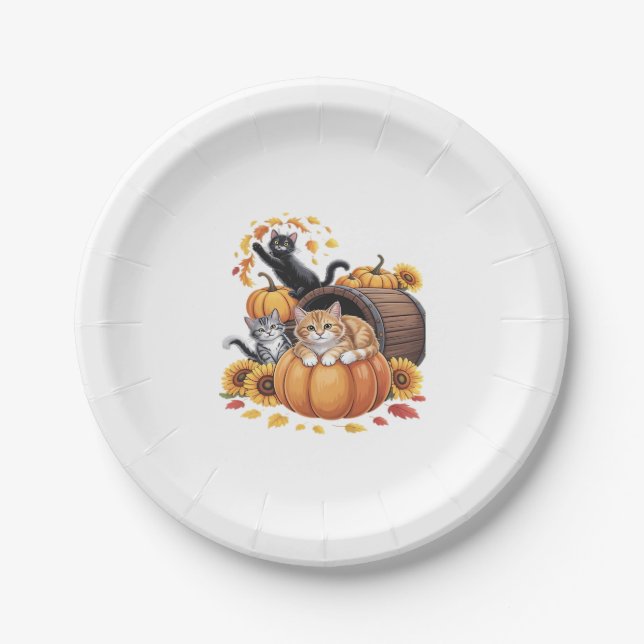 Cats Fall Autumn Pumpkins Thanksgiving Sunflower O Paper Plate (Front)