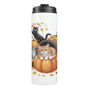 Cats Fall Autumn Pumpkins Thanksgiving Sunflower O Thermal Tumbler