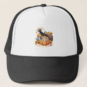 Cats Fall Autumn Pumpkins Thanksgiving Sunflower O Trucker Hat