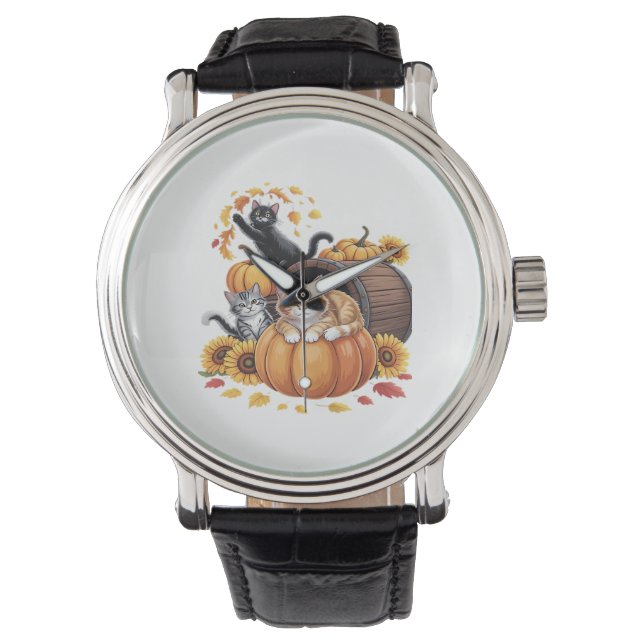 Cats Fall Autumn Pumpkins Thanksgiving Sunflower O Watch (Front)