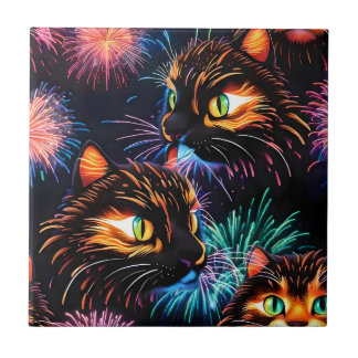 Cats Fireworks Show Ceramic Tile
