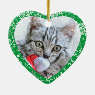 Cat's First Christmas Glitter Snowflakes Heart Ceramic Ornament