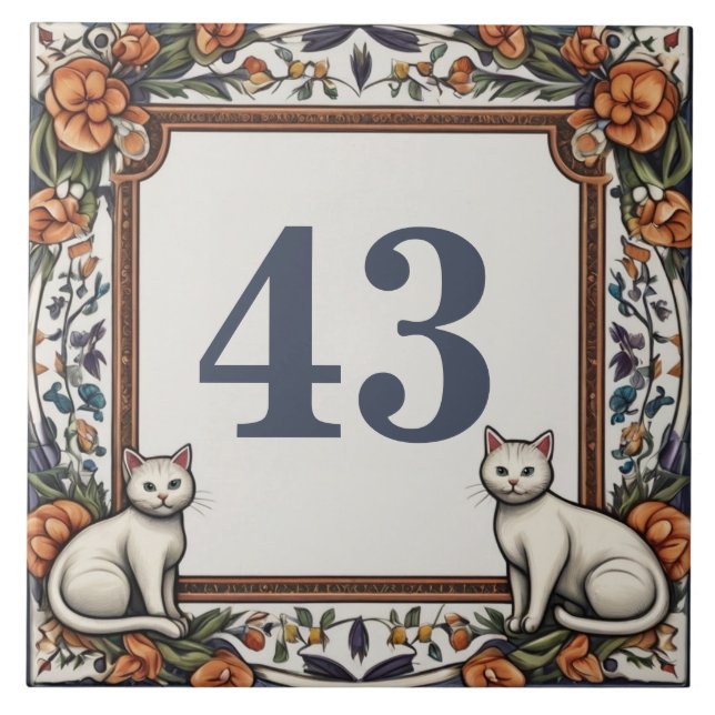 Cats Flowers Custom House Number Sign Plaque Plate Ceramic Tile (Front)