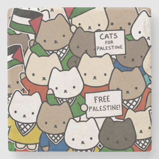 Cats for Palestine – Kawaii Cats for Justice Stone Coaster (Front)