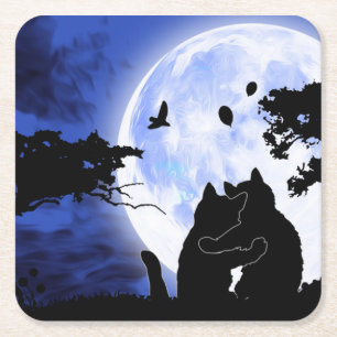 cats full moon square paper coaster