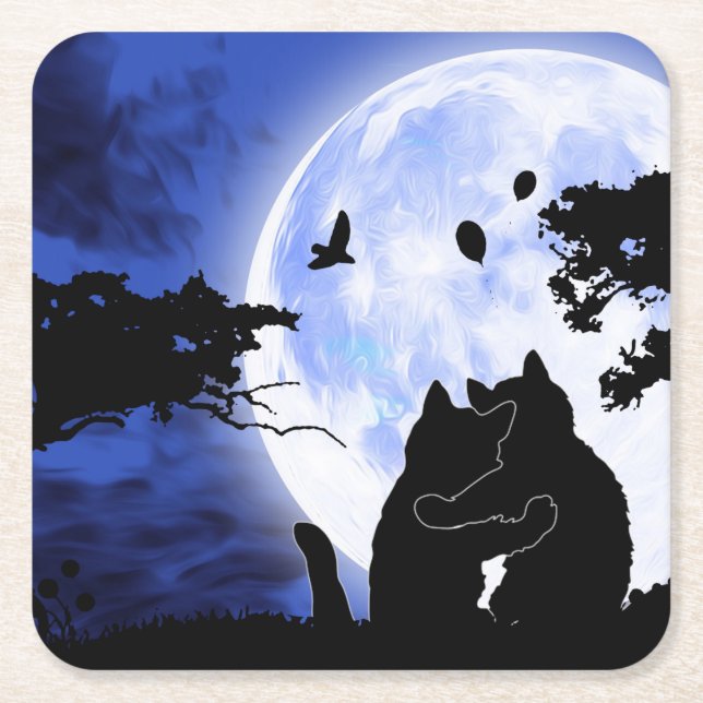 cats full moon square paper coaster (Front)